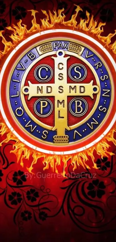 Mobile wallpaper featuring Saint Benedict emblem on fiery red background.