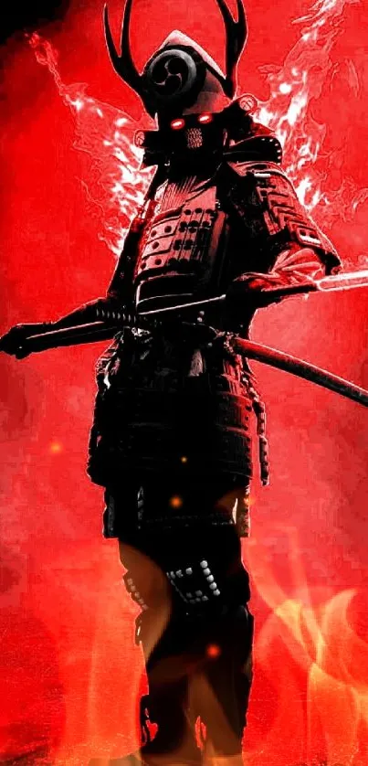 Samurai in red fiery armor with intense flames background.