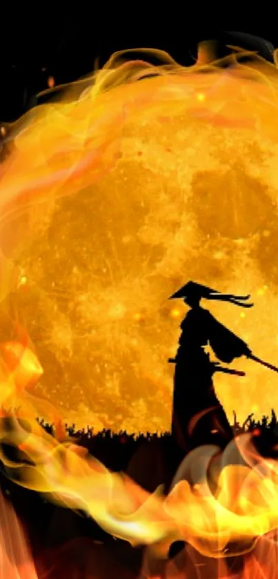 Fiery samurai silhouette with full moon backdrop.