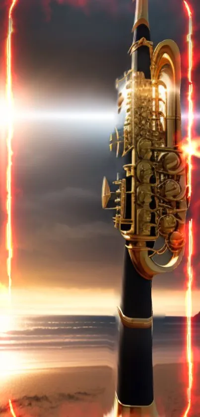 Saxophone amidst flames with a beach sunset in the background.