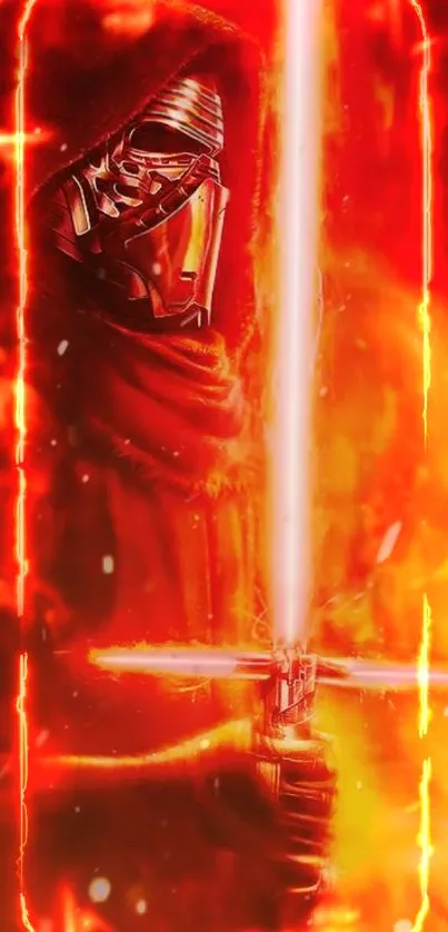 Fiery red sci-fi warrior with glowing sword in flames.