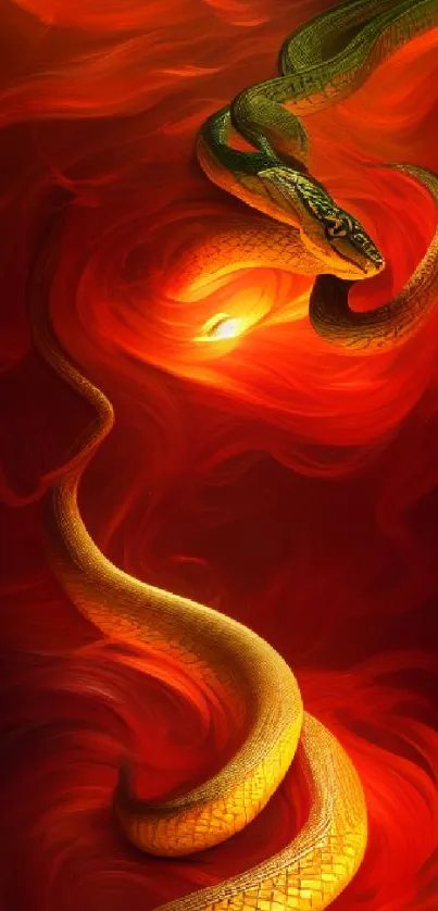 Fiery red and orange wallpaper with a serpent design.