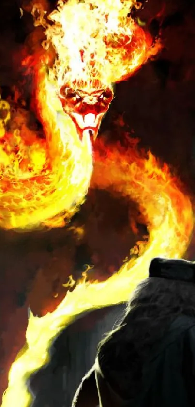 Fiery serpent confronting a mysterious figure in dynamic art style.