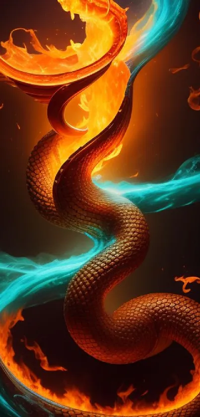 Fiery serpent with flames and blue swirls on a dark background.