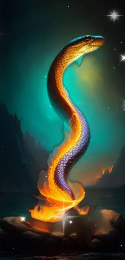 Fiery serpent emerges from flames in a mystical fantasy scene.