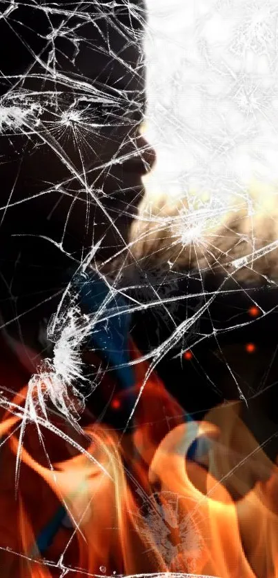 Artistic wallpaper featuring shattered glass and vibrant flames.