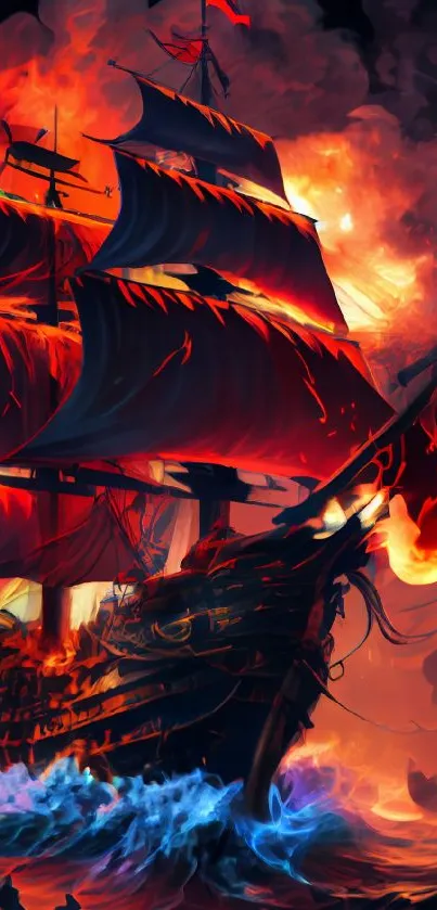 A fiery ship sailing ocean with dramatic flames.