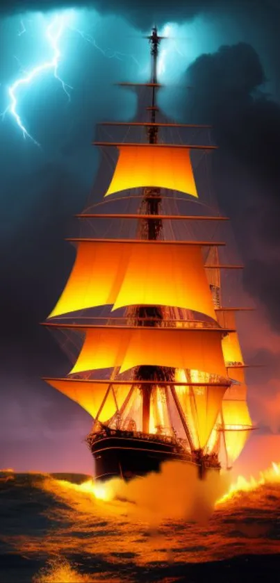 Fiery sailing ship under a stormy night sky.