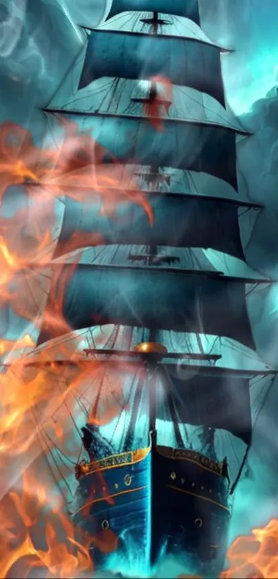 Artwork of flaming ship sailing through stormy ocean skies.