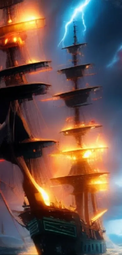 Fiery ship sailing through a vivid ocean storm, highlighted by lightning bolts.