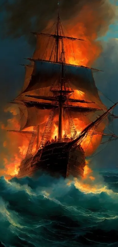 Ship engulfed in flames on stormy seas, creating a dramatic scene.