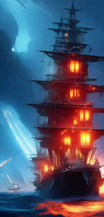 Fantasy ship on fiery ocean waves oozes adventure.