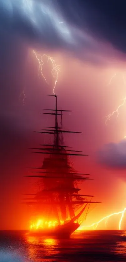 Dramatic ship in stormy ocean with lightning and fiery sky.