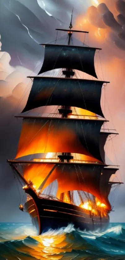 Fiery ship sails through stormy sea in vibrant wallpaper.