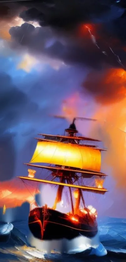 Vivid artwork of a glowing ship in stormy seas, with vibrant colors and dramatic sky.