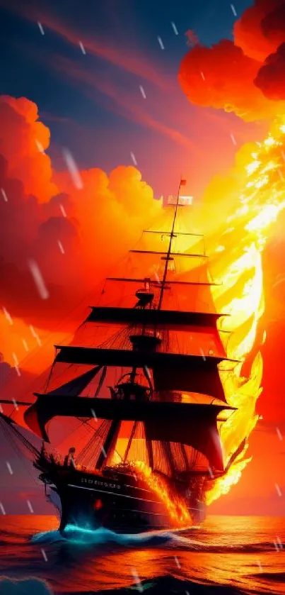 Majestic ship sailing at fiery ocean sunset with vibrant colors.