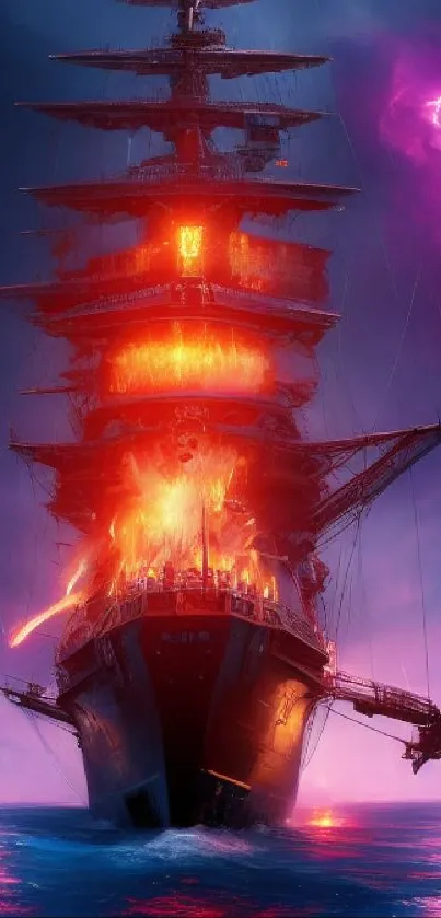 Fiery ship on a dark ocean with lightning in the background.