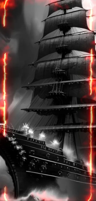 Black ship amidst fiery flames in stormy sea.