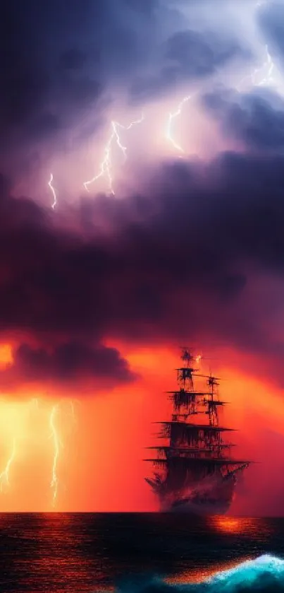 Stormy sea with ship and lightning under vibrant orange sky.