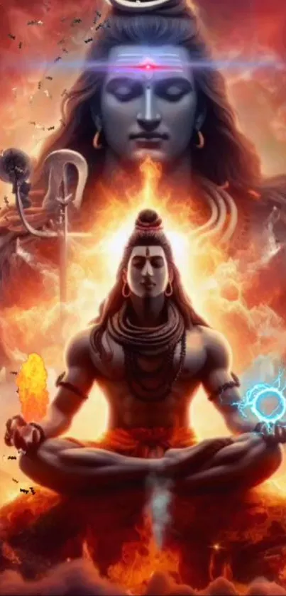 Shiva meditating with fiery aura on mobile wallpaper.