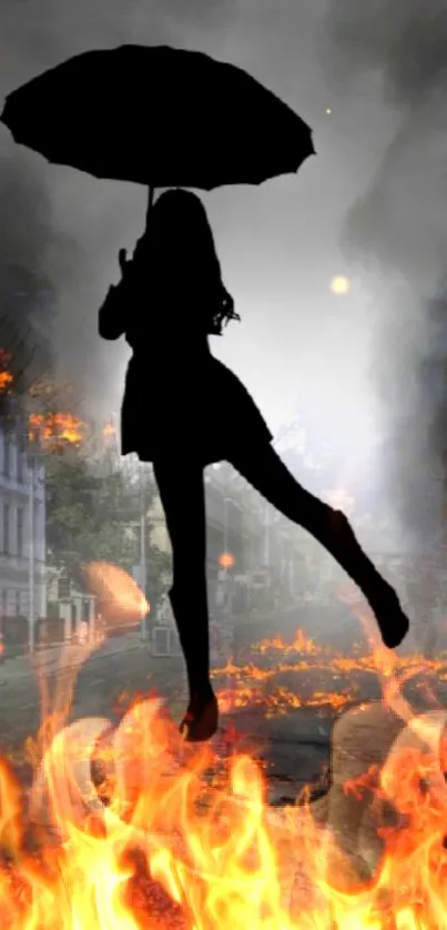 Silhouette with umbrella in fiery urban landscape.
