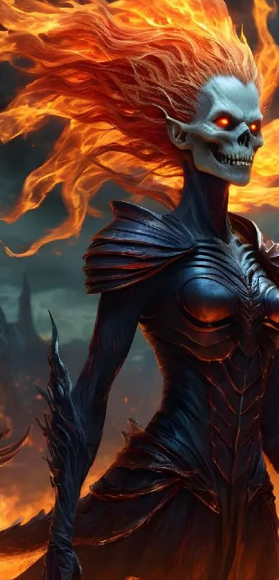 Fiery skeletal warrior with flaming hair in vibrant fantasy art design.