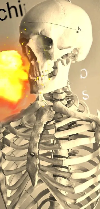 Skeleton with fiery effect mobile wallpaper.