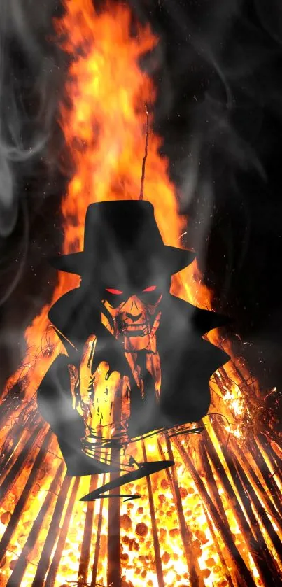 Fiery skeleton figure in a hat surrounded by flames on mobile wallpaper.