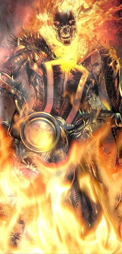 Fiery skeleton warrior on a blazing bike wallpaper.