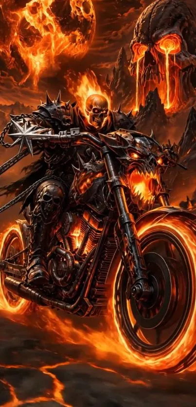 Fiery skeleton riding a motorcycle against a flaming backdrop.