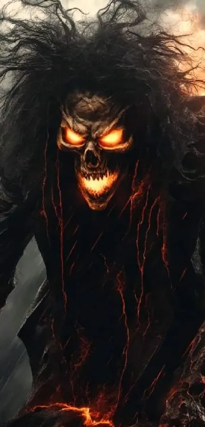 Fiery skeleton with glowing eyes and tendrils on dark background.