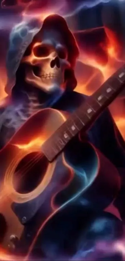 Fiery skeleton playing guitar with vibrant flames.