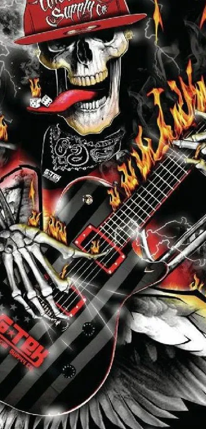 Fiery skeleton playing guitar with wings and flames.