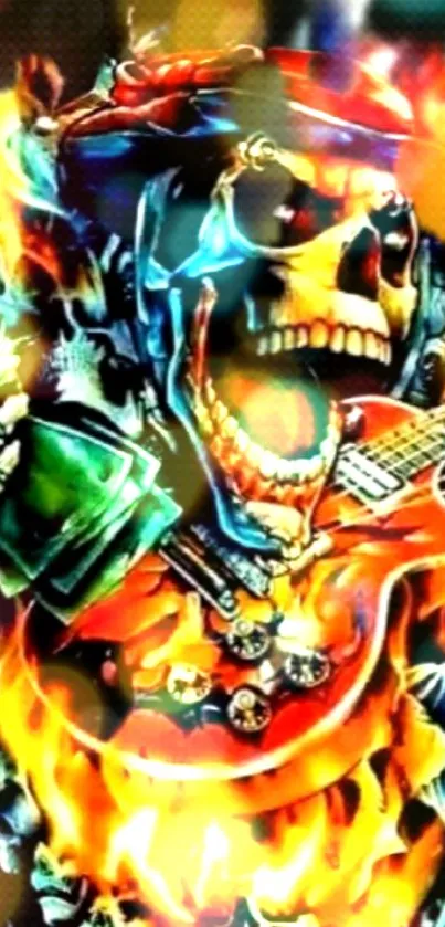 Skeleton playing guitar surrounded by flames.