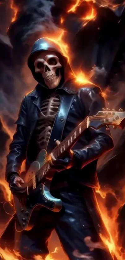 Fiery skeleton playing guitar amidst blazing flames.