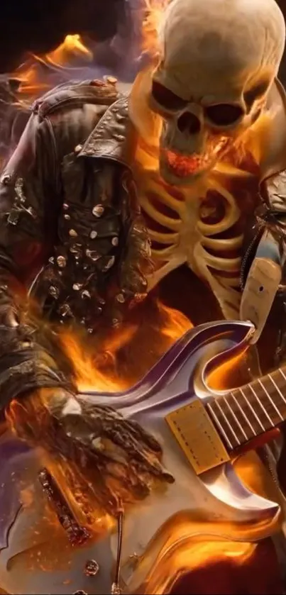 Skeleton playing guitar with flames.