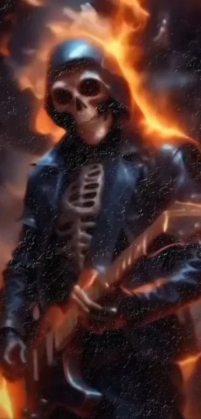 Fiery skeleton guitarist with flames.