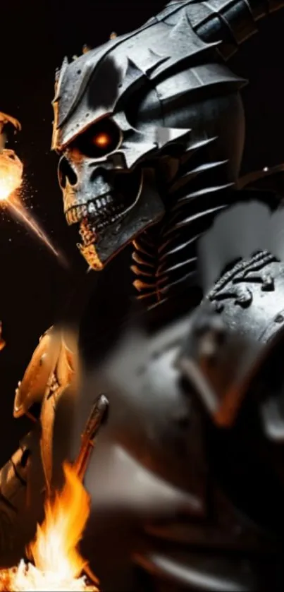 Skeleton in fiery armor with burning accents, for mobile wallpaper.