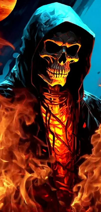 A skull in a hooded cloak surrounded by fierce flames.