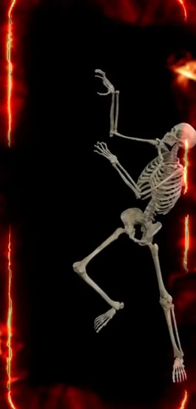 Dramatic skeleton with fiery border wallpaper on a mobile screen.