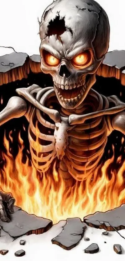 Fiery skeleton emerging from flames wallpaper.