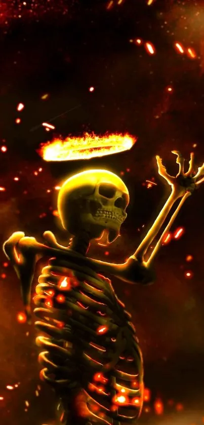 Fiery skeleton mobile wallpaper with halo and glowing embers.