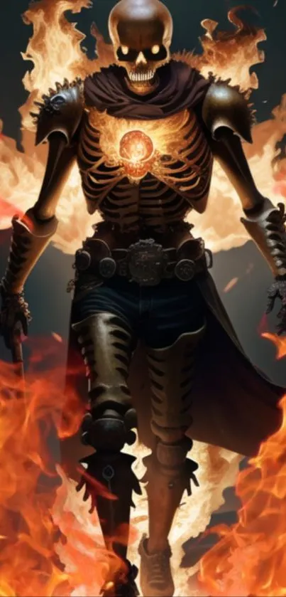 A fiery skeleton engulfed in flames, exuding a dark fantasy vibe.