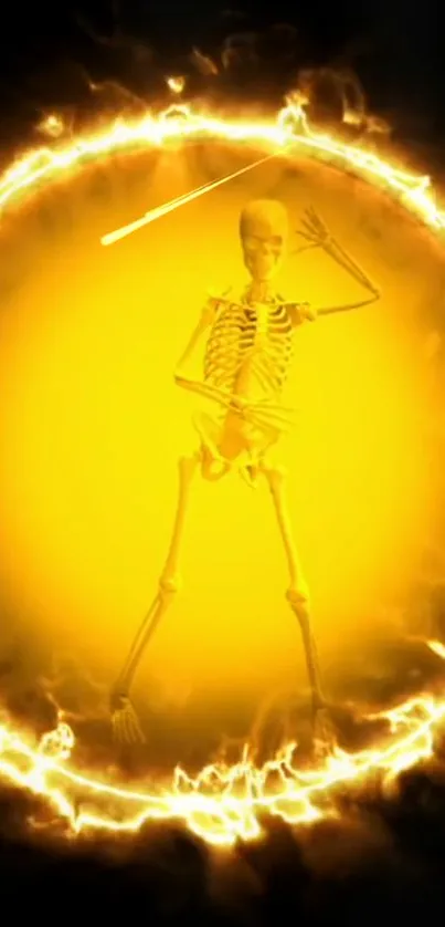 Skeleton dancing in a fiery circle wallpaper.