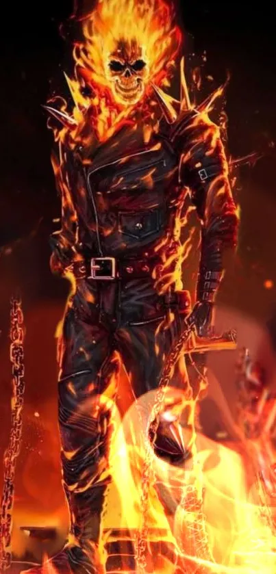 Fiery skeleton in black leather amidst flames.