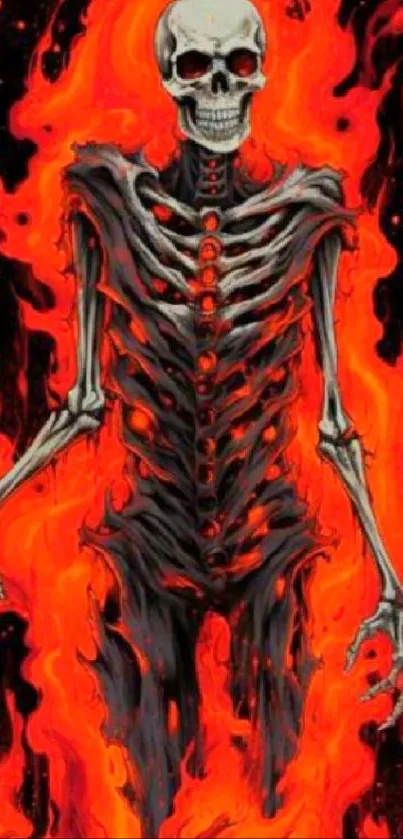 Fiery skeleton with vibrant orange flames on a dark background.