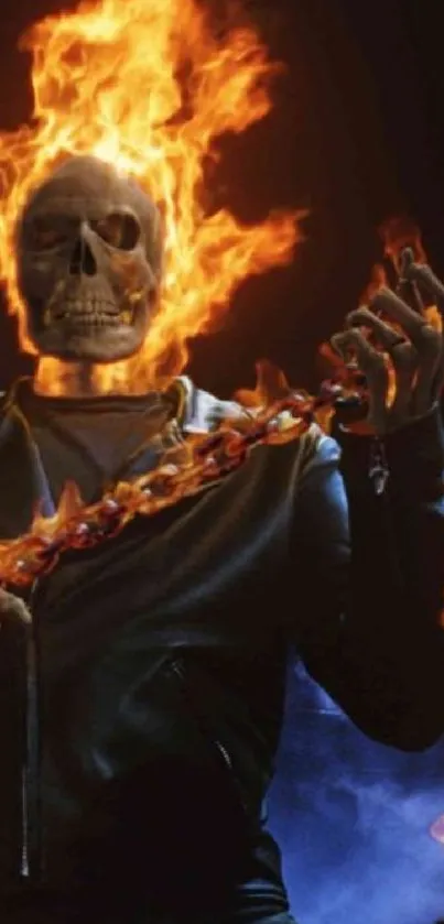 Skeleton with flaming skull and chains on dark background.