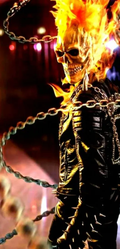 Fiery skeleton with chains mobile wallpaper.