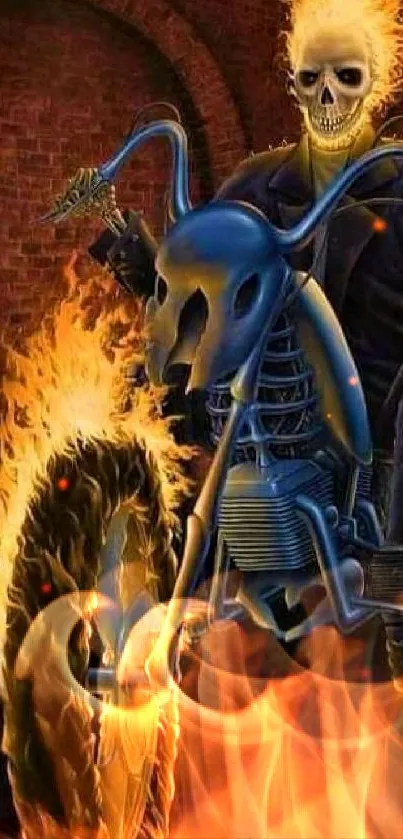 Skeleton rides a flaming motorcycle, set against a dark backdrop.