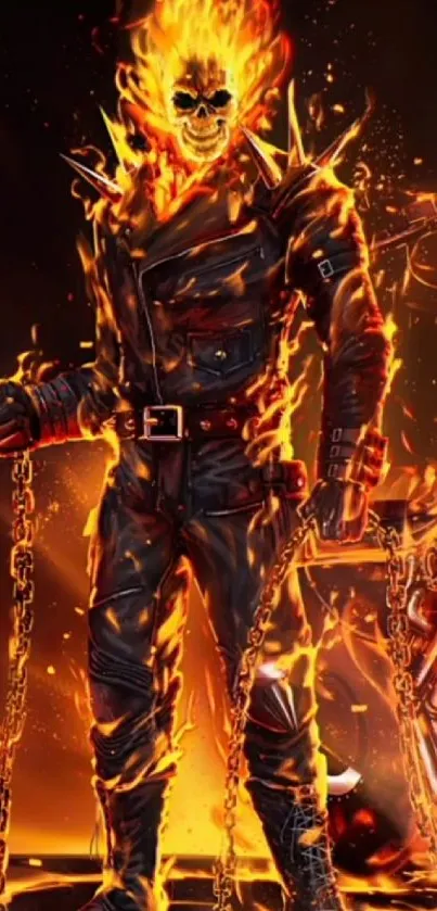 Fiery skeleton in leather with flaming chains and motorcycle.